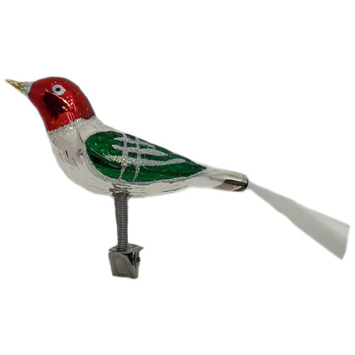 Glasvogel mit Glitzer silber gruen rot Glas innen versilbert Schwanz aus Nylon
