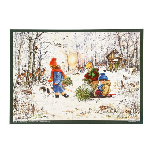 Advent calendar forest scene children with sledge